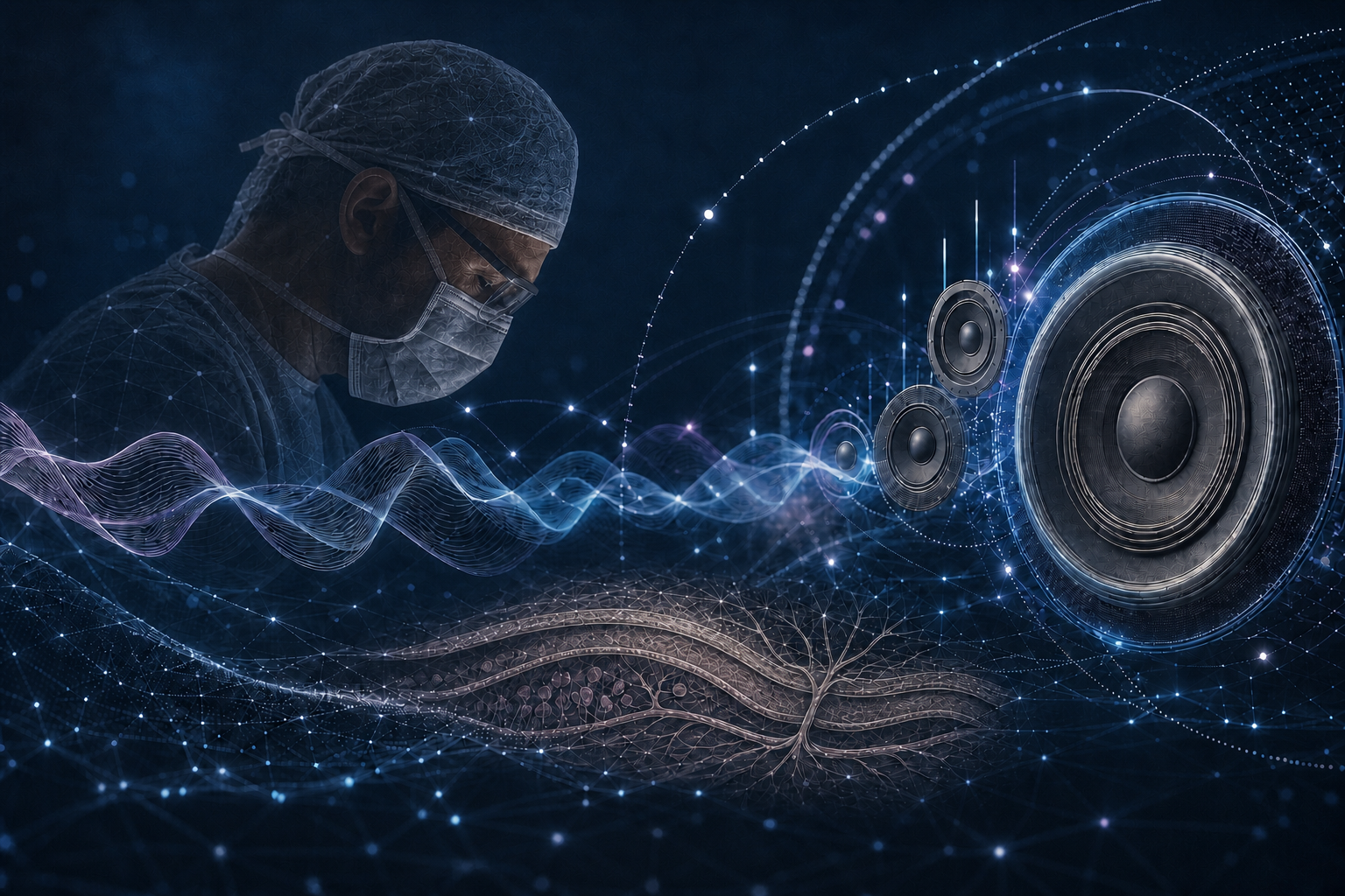 Synergia visualization of a surgeon, anatomical tissue, and spatial sound waves.